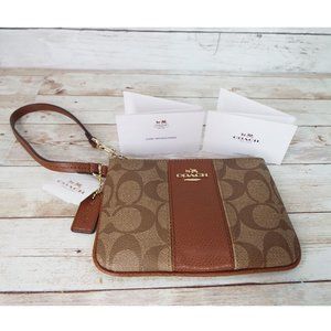 COACH Khaki Saddle Signature Monogram PVC and Leather Wristlet